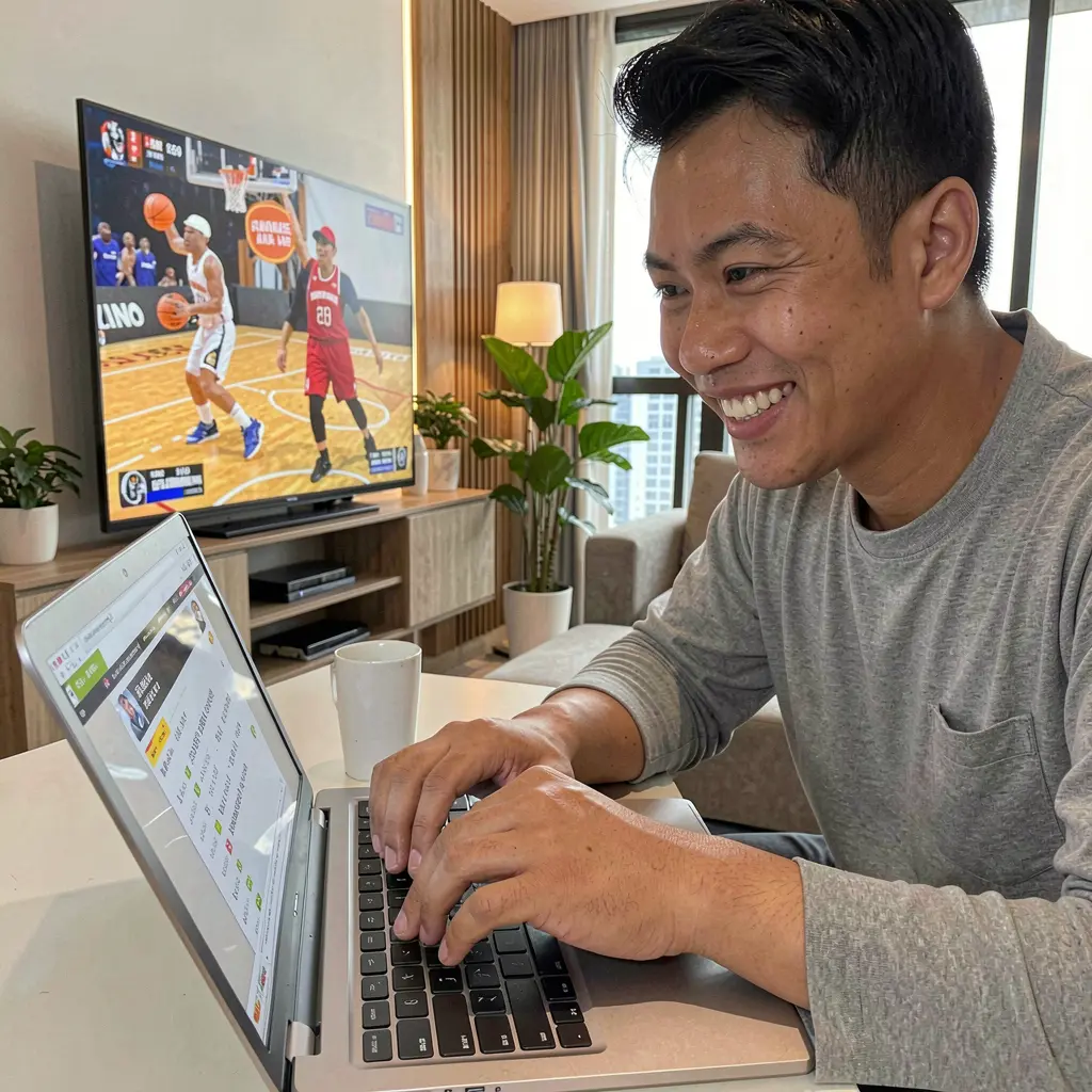 Filipino sports fan smiling while placing live basketball bets on a laptop with ELK JL in a modern apartment setting