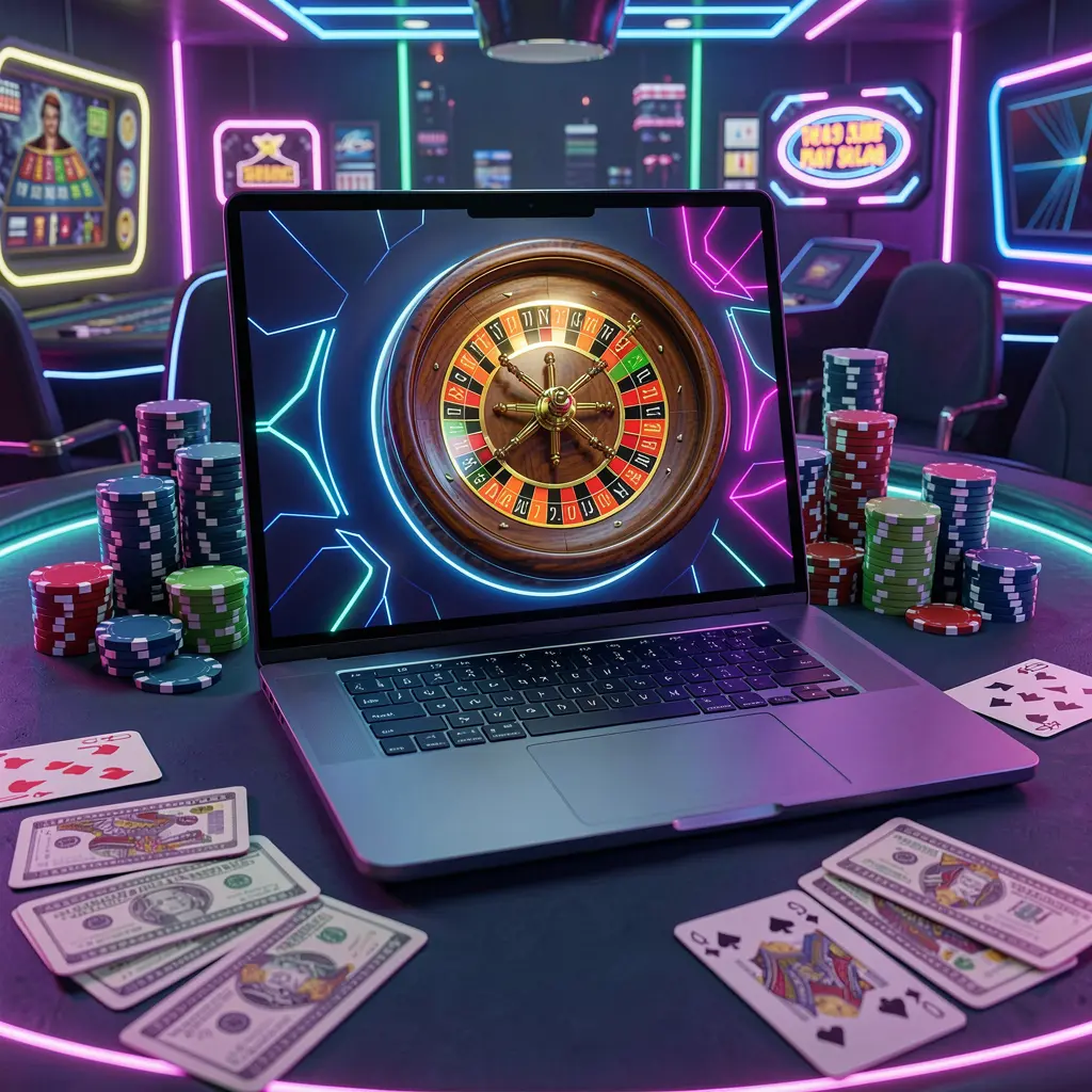 Modern laptop displaying a vibrant online roulette game with stacked casino chips and glowing neon effects showcasing the immersive ELK JL casino experience for players in the Philippines