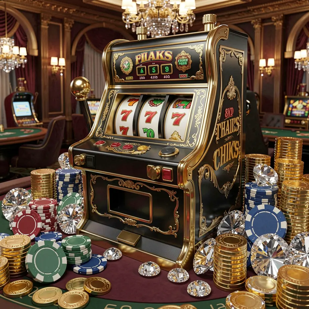 Elegant black and gold slot machine with classic symbols and stacks of coins highlighting the premium slot gaming experience at ELK JL for players in the Philippines
